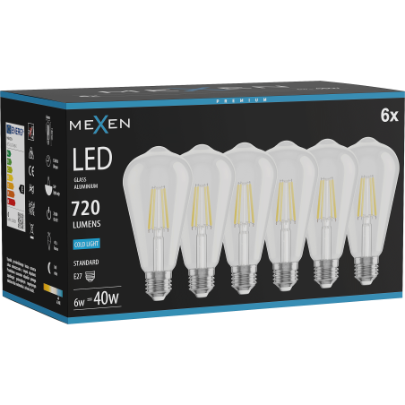 Mexen Vintis 6x LED filament žiarovka E27, ST64, 6W, Studená - 6500K, 720 lm, číra - L152-E27-0665-00x06