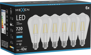 Mexen Vintis 6x LED filament žiarovka E27, ST64, 6W, Studená - 6500K, 720 lm, číra - L152-E27-0665-00x06
