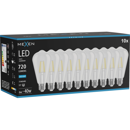 Mexen Vintis 10x LED filamentová žiarovka E27, ST64, 6W, Studená - 6500K, 720 lm, číra - L152-E27-0665-00x10