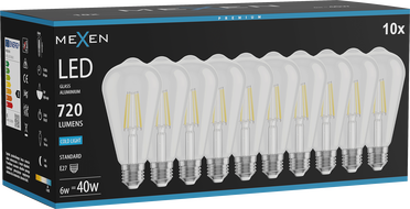 Mexen Vintis 10x LED filamentová žiarovka E27, ST64, 6W, Studená - 6500K, 720 lm, číra - L152-E27-0665-00x10