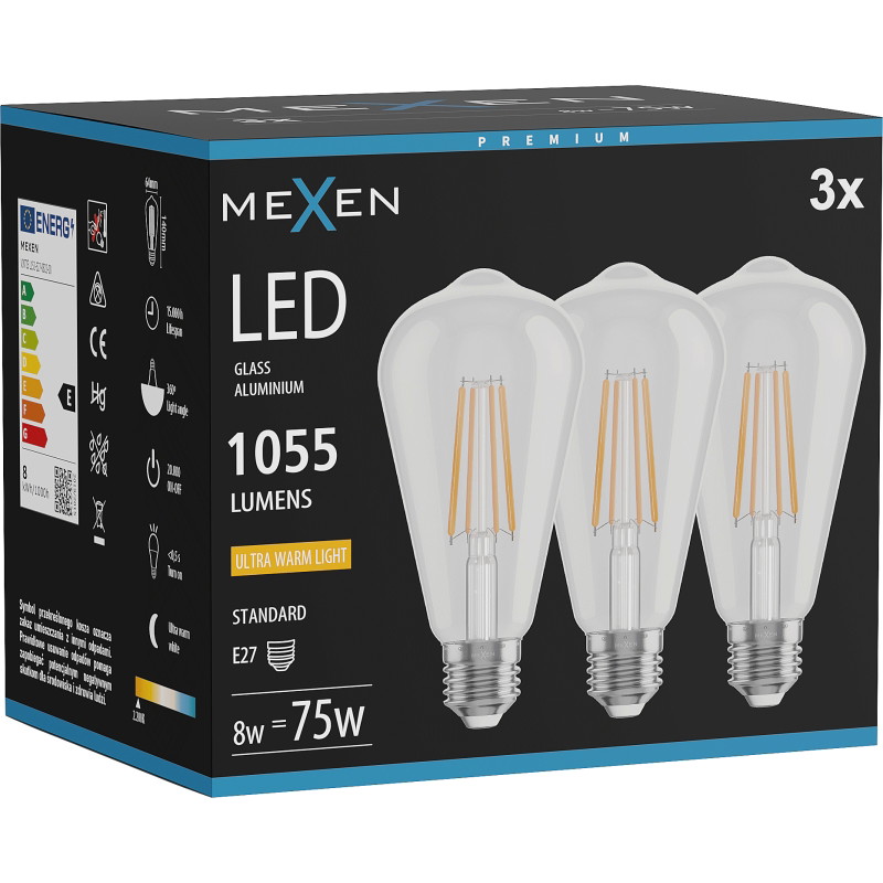 Mexen Vintis 3x LED žiarovka na vlákno E27, ST64, 8W, Teplá - 2200K, 1055 lm, číra - L152-E27-0822-00x03