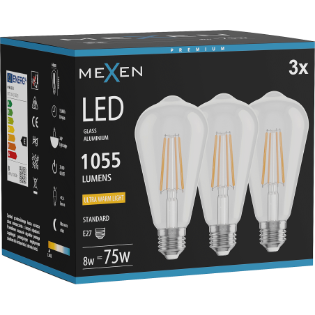 Mexen Vintis 3x LED žiarovka na vlákno E27, ST64, 8W, Teplá - 2200K, 1055 lm, číra - L152-E27-0822-00x03
