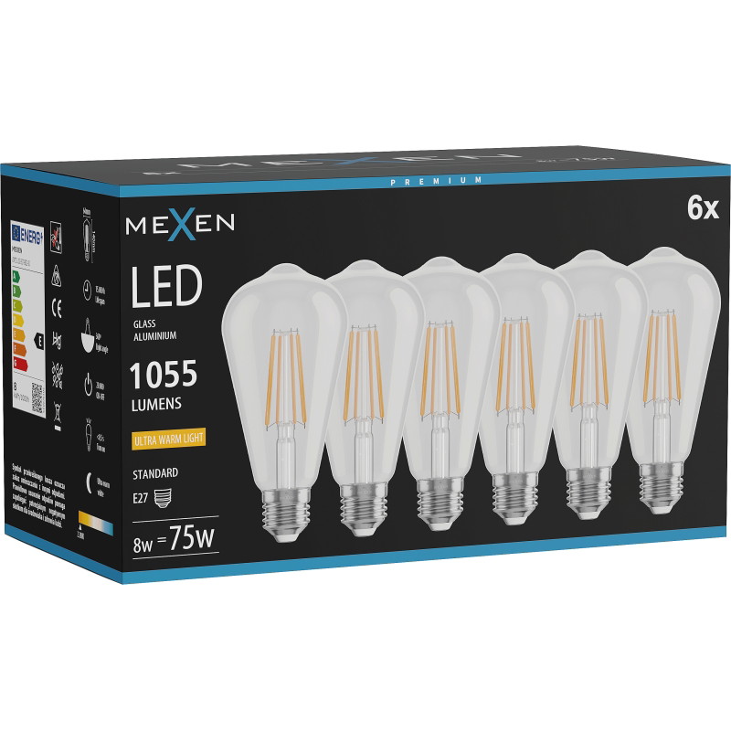 Mexen Vintis 6x žiarovka filament LED E27, ST64, 8W, Teplá - 2200K, 1055 lm, číra - L152-E27-0822-00x06