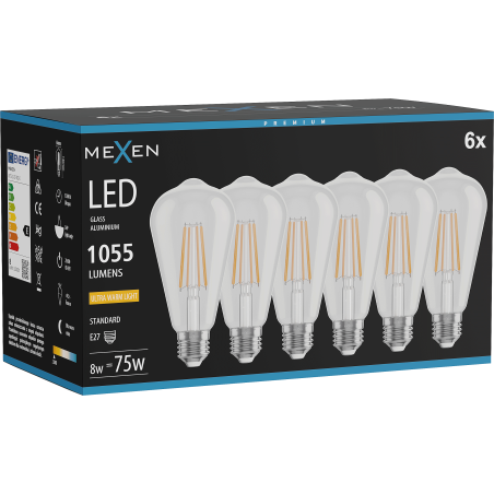 Mexen Vintis 6x žiarovka filament LED E27, ST64, 8W, Teplá - 2200K, 1055 lm, číra - L152-E27-0822-00x06