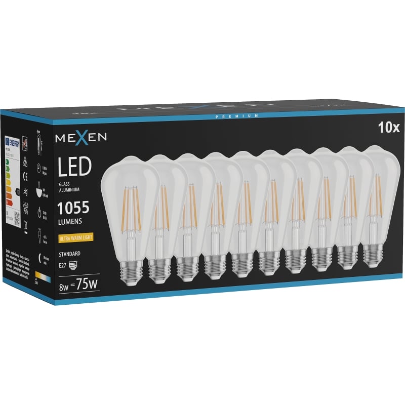 Mexen Vintis 10x LED žiarovka s filamentom E27, ST64, 8W, Teplá - 2200K, 1055 lm, číra - L152-E27-0822-00x10