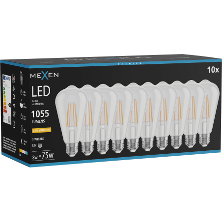 Mexen Vintis 10x LED žiarovka s filamentom E27, ST64, 8W, Teplá - 2200K, 1055 lm, číra - L152-E27-0822-00x10