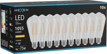 Mexen Vintis 10x LED žiarovka s filamentom E27, ST64, 8W, Teplá - 2200K, 1055 lm, číra - L152-E27-0822-00x10