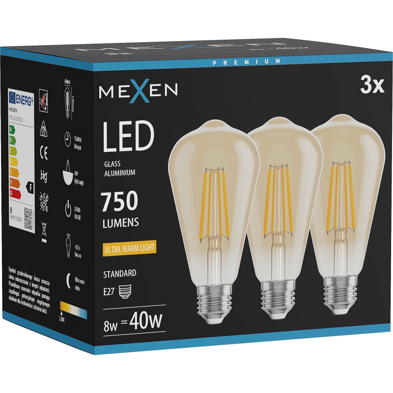 Mexen Vintis 3x LED vlákno žiarovka E27, ST64, 8W, Teplá - 2200K, 750 lm, jantárová - L152-E27-0822-50x03