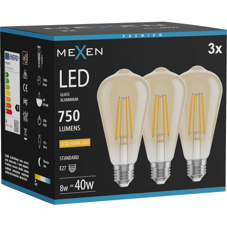 Mexen Vintis 3x LED vlákno žiarovka E27, ST64, 8W, Teplá - 2200K, 750 lm, jantárová - L152-E27-0822-50x03