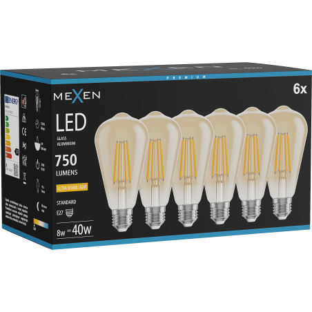 Mexen Vintis 6x Žiarovka filament LED E27, ST64, 8W, Teplá - 2200K, 750 lm, jantárová - L152-E27-0822-50x06