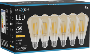 Mexen Vintis 6x Žiarovka filament LED E27, ST64, 8W, Teplá - 2200K, 750 lm, jantárová - L152-E27-0822-50x06