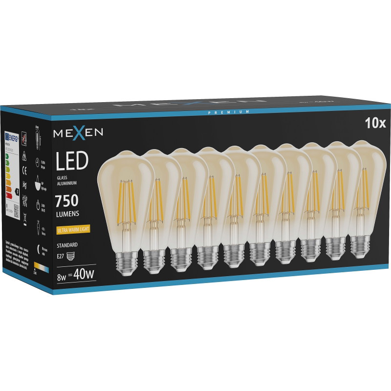 Mexen Vintis 10x LED dióda na vlákno E27, ST64, 8W, Teplá - 2200K, 750 lm, jantárová - L152-E27-0822-50x10