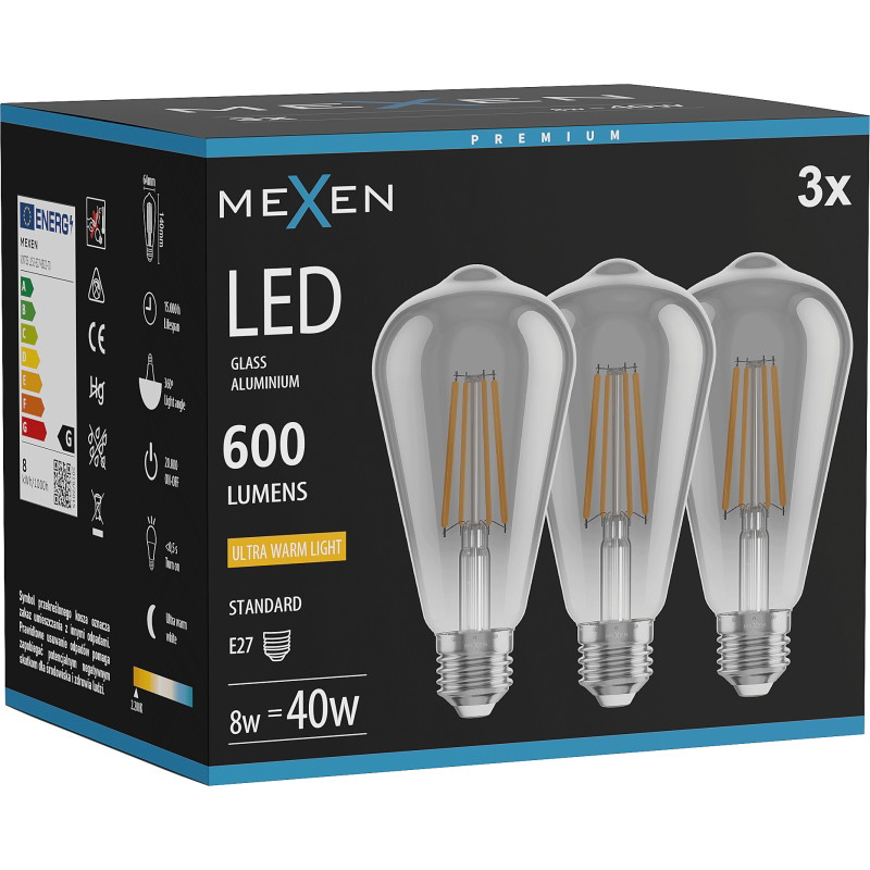 Mexen Vintis 3x LED filamentová žiarovka E27, ST64, 8W, Teplá - 2200K, 600 lm, dymová - L152-E27-0822-70x03