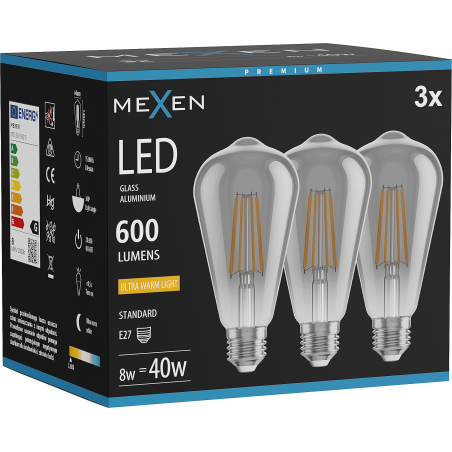 Mexen Vintis 3x LED filamentová žiarovka E27, ST64, 8W, Teplá - 2200K, 600 lm, dymová - L152-E27-0822-70x03