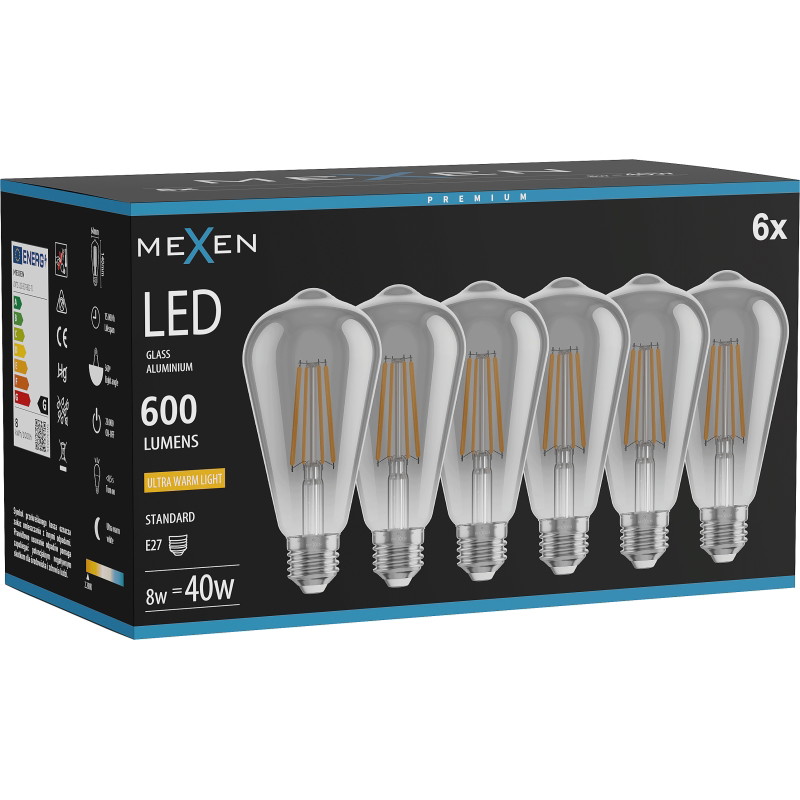 Mexen Vintis 6x Žiarovka filament LED E27, ST64, 8W, Teplá - 2200K, 600 lm, maskáčová - L152-E27-0822-70x06