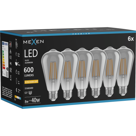 Mexen Vintis 6x Žiarovka filament LED E27, ST64, 8W, Teplá - 2200K, 600 lm, maskáčová - L152-E27-0822-70x06