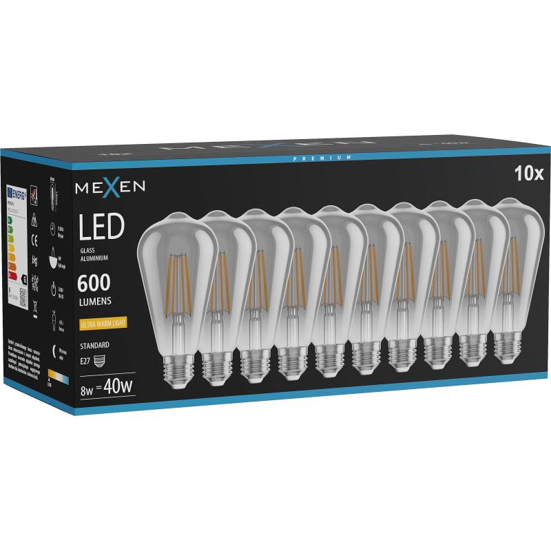Mexen Vintis 10x Žiarovka filament LED E27, ST64, 8W, Teplá - 2200K, 600 lm, dymová - L152-E27-0822-70x10