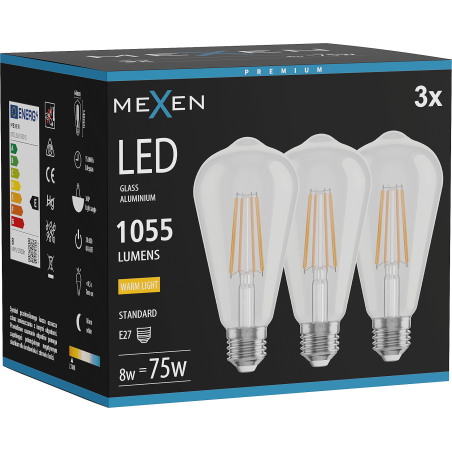 Mexen Vintis 3x Žiarovka filament LED E27, ST64, 8W, Teplá - 2700K, 1055 lm, číra - L152-E27-0827-00x03