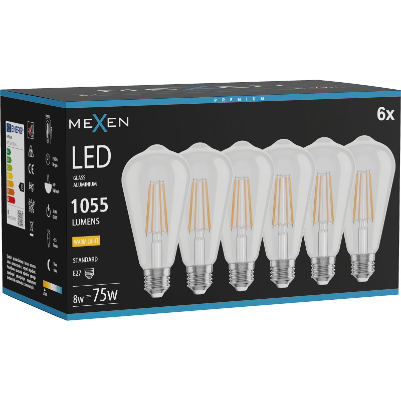 Mexen Vintis 6x LED filament žiarovka E27, ST64, 8W, Teplá - 2700K, 1055 lm, číra - L152-E27-0827-00x06