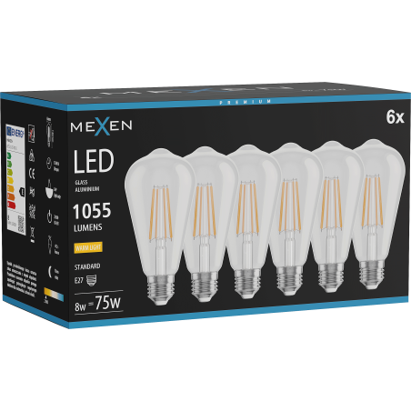 Mexen Vintis 6x LED filament žiarovka E27, ST64, 8W, Teplá - 2700K, 1055 lm, číra - L152-E27-0827-00x06