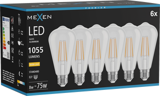 Mexen Vintis 6x LED filament žiarovka E27, ST64, 8W, Teplá - 2700K, 1055 lm, číra - L152-E27-0827-00x06