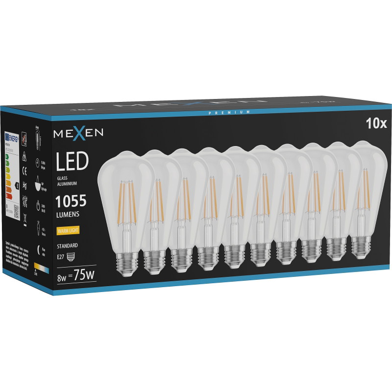 Mexen Vintis 10x LED žiarovka filament E27, ST64, 8W, Teplá - 2700K, 1055 lm, číra - L152-E27-0827-00x10