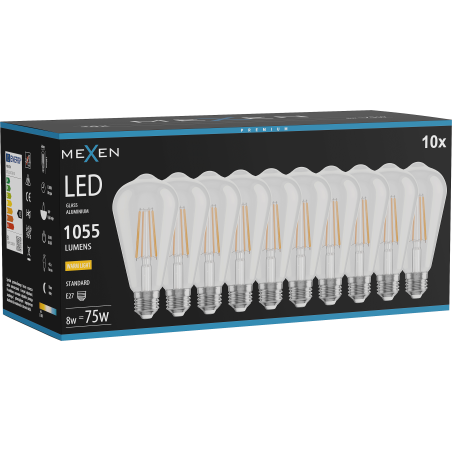 Mexen Vintis 10x LED žiarovka filament E27, ST64, 8W, Teplá - 2700K, 1055 lm, číra - L152-E27-0827-00x10