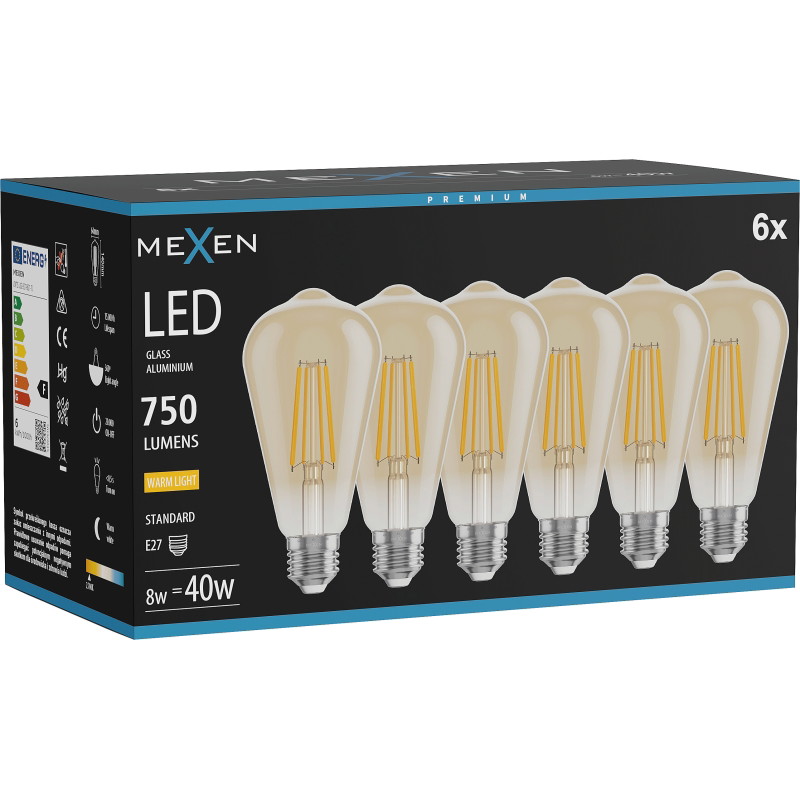 Mexen Vintis 6x Žiarovka filament LED E27, ST64, 8W, Teplá - 2700K, 750 lm, amber - L152-E27-0827-50x06