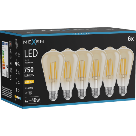 Mexen Vintis 6x Žiarovka filament LED E27, ST64, 8W, Teplá - 2700K, 750 lm, amber - L152-E27-0827-50x06
