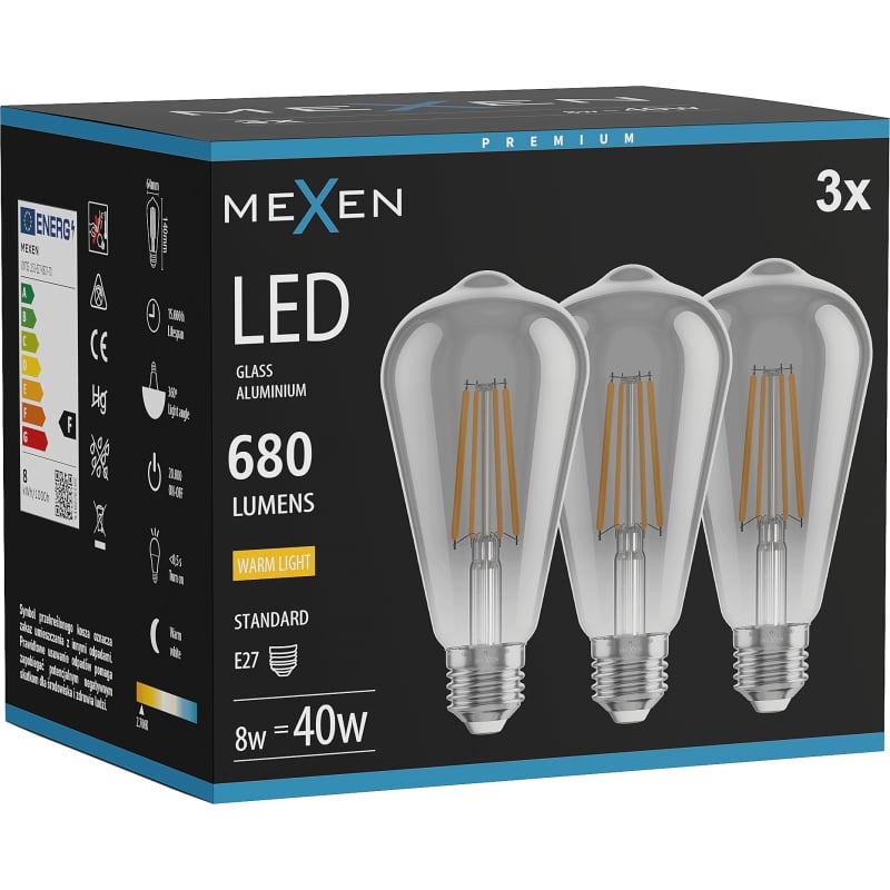Mexen Vintis 3x LED žiarovka filament E27, ST64, 8W, Teplá - 2700K, 680 lm, dymová - L152-E27-0827-70x03