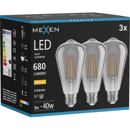 Mexen Vintis 3x LED žiarovka filament E27, ST64, 8W, Teplá - 2700K, 680 lm, dymová - L152-E27-0827-70x03
