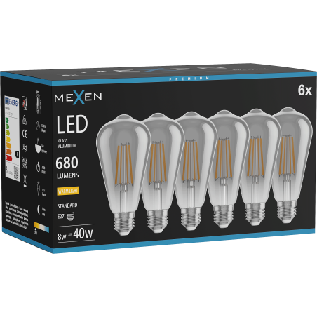 Mexen Vintis 6x LED filamentová žiarovka E27, ST64, 8W, Teplá - 2700K, 680 lm, dymová - L152-E27-0827-70x06