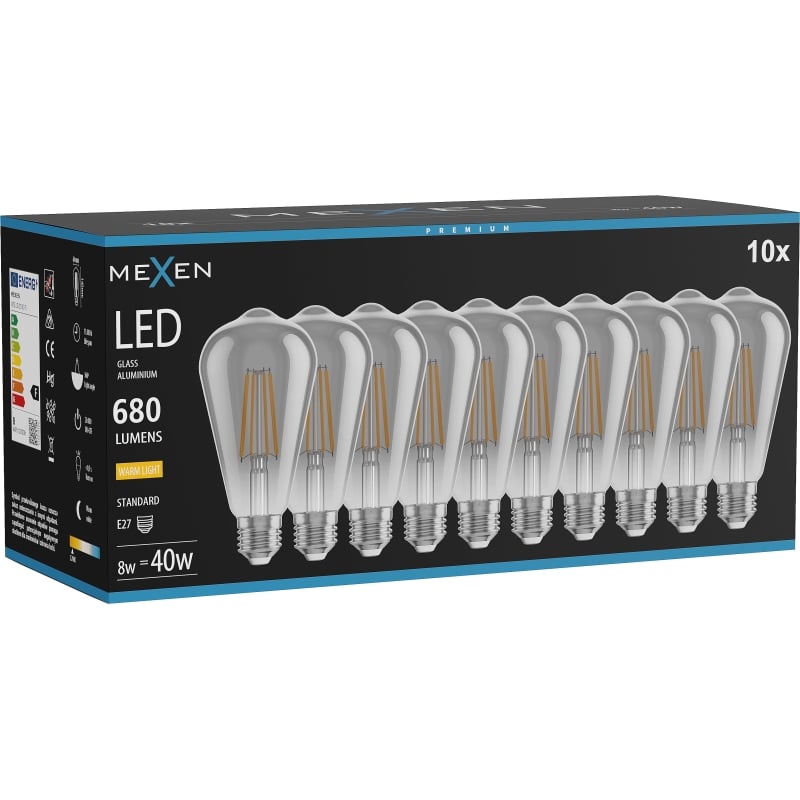 Mexen Vintis 10x Žiarovka filament LED E27, ST64, 8W, Teplá - 2700K, 680 lm, smoke - L152-E27-0827-70x10