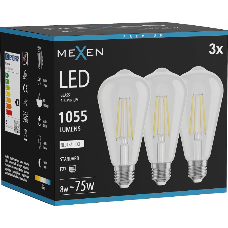 Mexen Vintis 3x LED vlákno žiarovka E27, ST64, 8W, Neutrálna - 4000K, 1055 lm, číra - L152-E27-0840-00x03