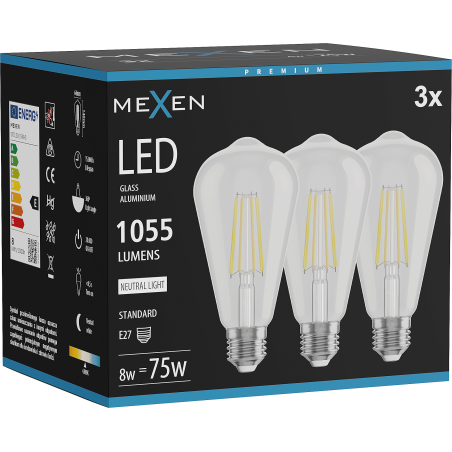 Mexen Vintis 3x LED vlákno žiarovka E27, ST64, 8W, Neutrálna - 4000K, 1055 lm, číra - L152-E27-0840-00x03