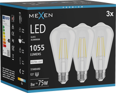 Mexen Vintis 3x LED vlákno žiarovka E27, ST64, 8W, Neutrálna - 4000K, 1055 lm, číra - L152-E27-0840-00x03