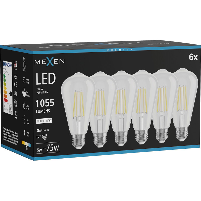 Mexen Vintis 6x Žiarovka filament LED E27, ST64, 8W, Neutrálna - 4000K, 1055 lm, číra - L152-E27-0840-00x06