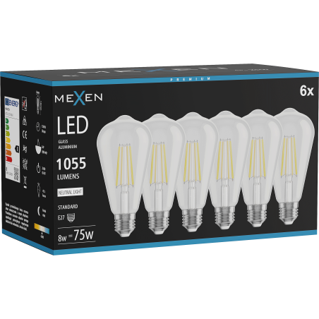 Mexen Vintis 6x Žiarovka filament LED E27, ST64, 8W, Neutrálna - 4000K, 1055 lm, číra - L152-E27-0840-00x06