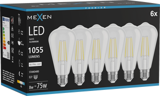 Mexen Vintis 6x Žiarovka filament LED E27, ST64, 8W, Neutrálna - 4000K, 1055 lm, číra - L152-E27-0840-00x06