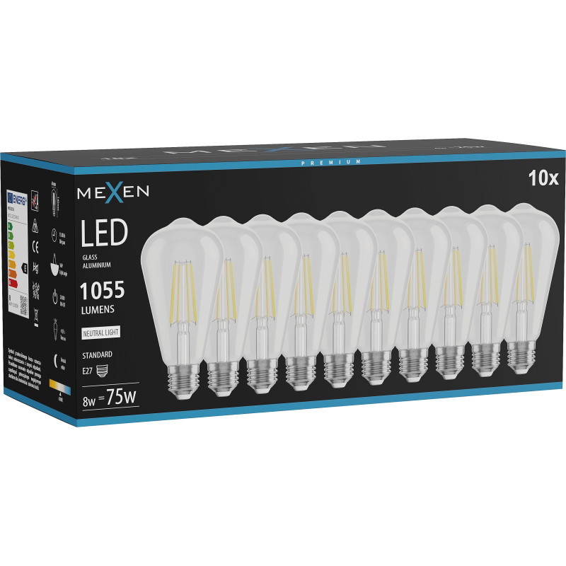 Mexen Vintis 10x Žiarovka filament LED E27, ST64, 8W, Neutrálna - 4000K, 1055 lm, číra - L152-E27-0840-00x10