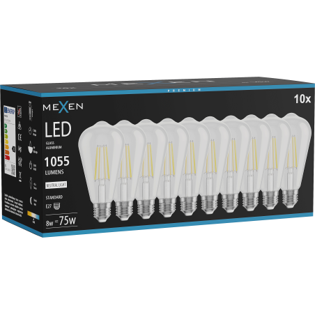 Mexen Vintis 10x Žiarovka filament LED E27, ST64, 8W, Neutrálna - 4000K, 1055 lm, číra - L152-E27-0840-00x10