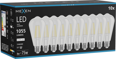 Mexen Vintis 10x Žiarovka filament LED E27, ST64, 8W, Neutrálna - 4000K, 1055 lm, číra - L152-E27-0840-00x10