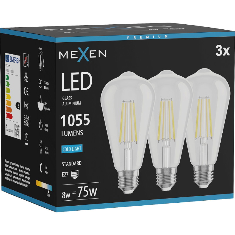 Mexen Vintis 3x Žiarovka filament LED E27, ST64, 8W, Studená - 6500K, 1055 lm, číra - L152-E27-0865-00x03