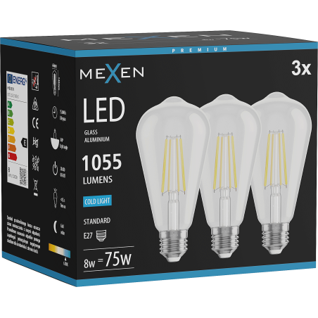 Mexen Vintis 3x Žiarovka filament LED E27, ST64, 8W, Studená - 6500K, 1055 lm, číra - L152-E27-0865-00x03
