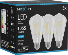 Mexen Vintis 3x Žiarovka filament LED E27, ST64, 8W, Studená - 6500K, 1055 lm, číra - L152-E27-0865-00x03