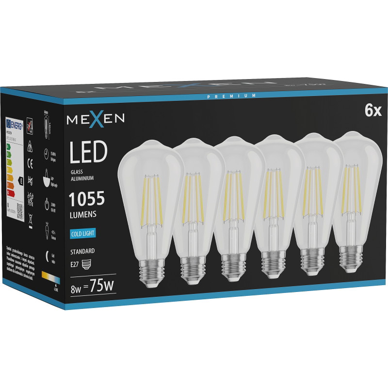 Mexen Vintis 6x Žiarovka filament LED E27, ST64, 8W, Studená - 6500K, 1055 lm, číra - L152-E27-0865-00x06