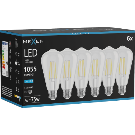 Mexen Vintis 6x Žiarovka filament LED E27, ST64, 8W, Studená - 6500K, 1055 lm, číra - L152-E27-0865-00x06