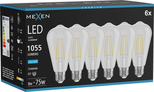 Mexen Vintis 6x Žiarovka filament LED E27, ST64, 8W, Studená - 6500K, 1055 lm, číra - L152-E27-0865-00x06