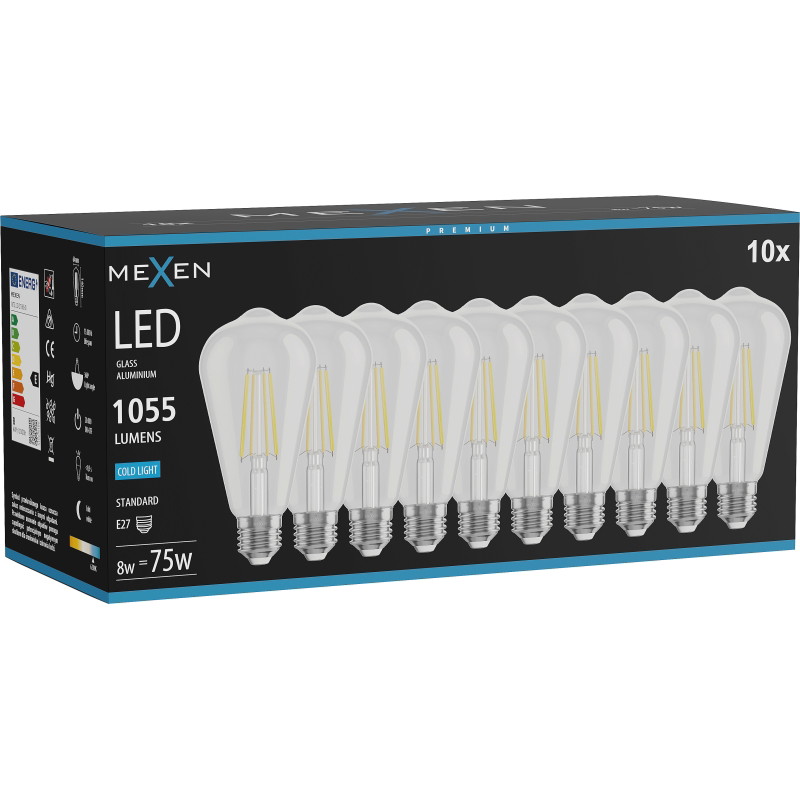 Mexen Vintis 10x žiarovka filament LED E27, ST64, 8W, Studená - 6500K, 1055 lm, číra - L152-E27-0865-00x10