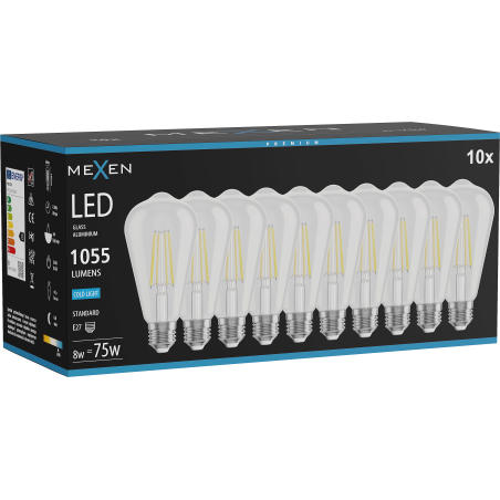 Mexen Vintis 10x žiarovka filament LED E27, ST64, 8W, Studená - 6500K, 1055 lm, číra - L152-E27-0865-00x10